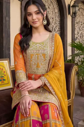 women ethnic motifs embroidered regular kurta with sharara & with dupatta