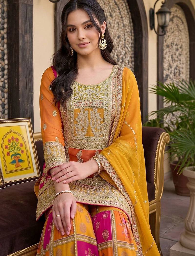 women ethnic motifs embroidered regular kurta with sharara & with dupatta