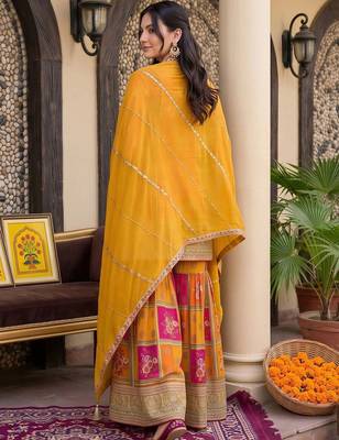women ethnic motifs embroidered regular kurta with sharara & with dupatta 6