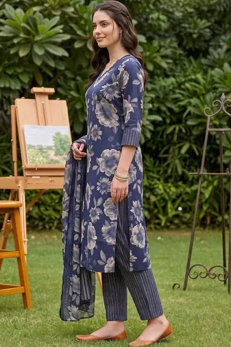 women floral printed regular kurta with trousers & with dupatta