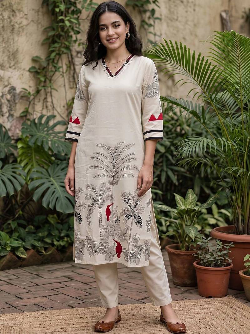 women ethnic motifs printed regular kurta with trousers