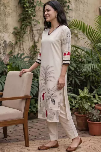 women ethnic motifs printed regular kurta with trousers