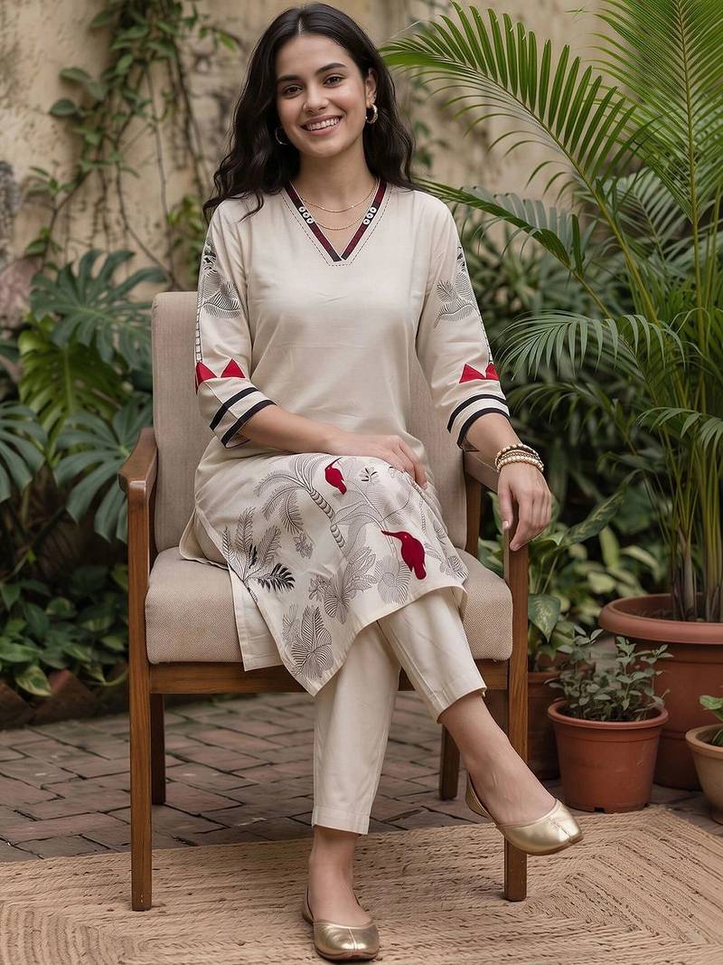 women ethnic motifs printed regular kurta with trousers