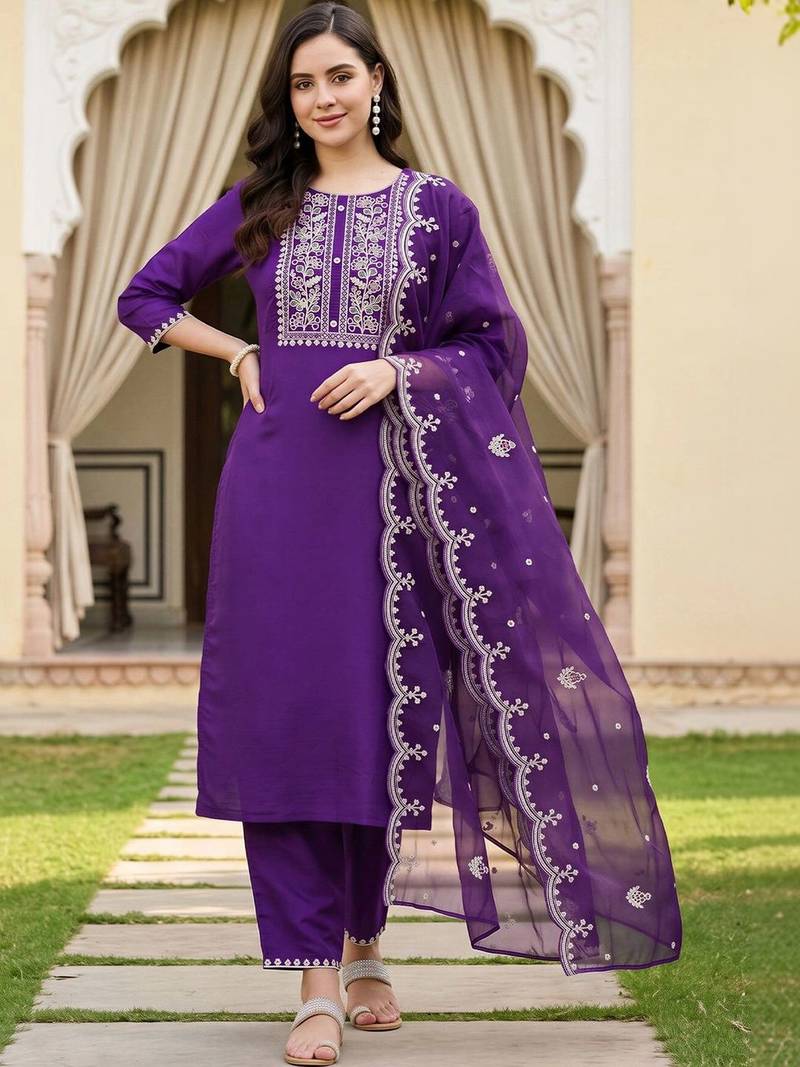 women ethnic motifs embroidered regular thread work kurta with trousers & with dupatta