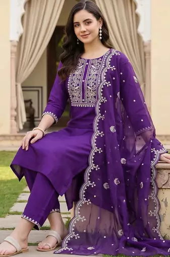 women ethnic motifs embroidered regular thread work kurta with trousers & with dupatta