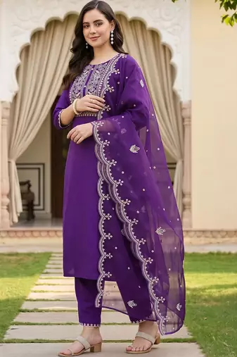 women ethnic motifs embroidered regular thread work kurta with trousers & with dupatta