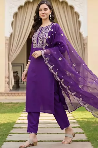women ethnic motifs embroidered regular thread work kurta with trousers & with dupatta