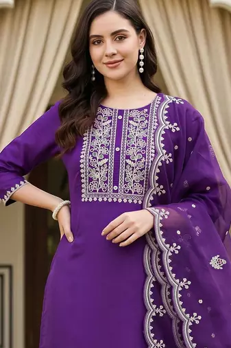 women ethnic motifs embroidered regular thread work kurta with trousers & with dupatta