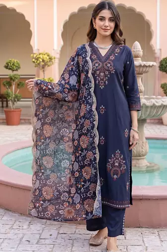 women ethnic motifs embroidered regular thread work kurta with trousers & with dupatta