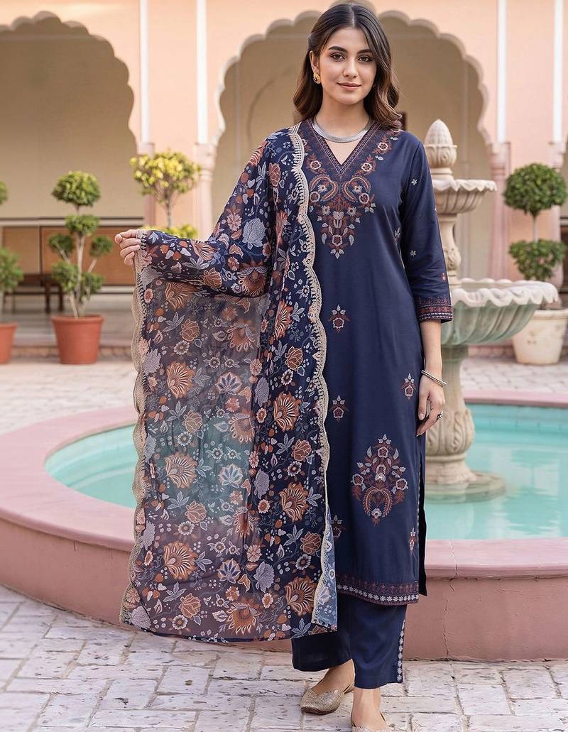 women ethnic motifs embroidered regular thread work kurta with trousers & with dupatta