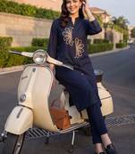 women ethnic motifs embroidered regular thread work cotton kurta with trousers