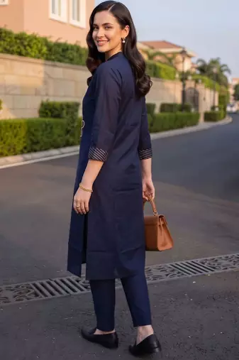 women ethnic motifs embroidered regular thread work cotton kurta with trousers