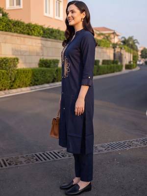 women ethnic motifs embroidered regular thread work cotton kurta with trousers 4