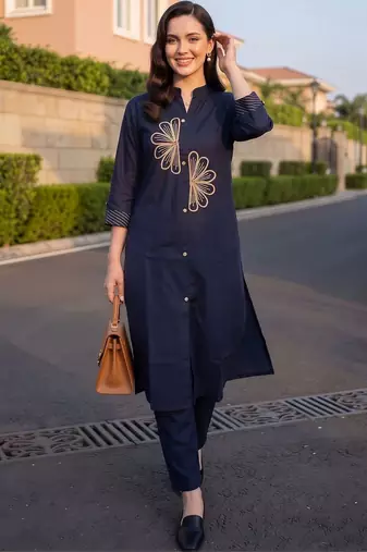 women ethnic motifs embroidered regular thread work cotton kurta with trousers
