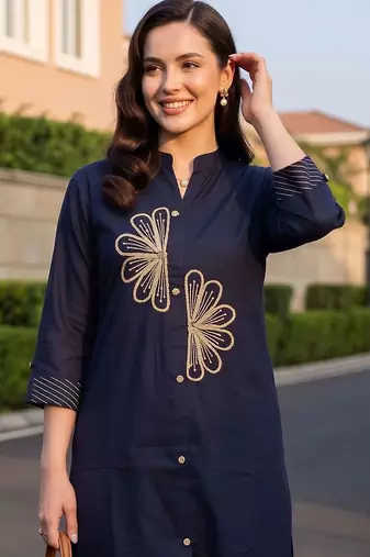 women ethnic motifs embroidered regular thread work cotton kurta with trousers