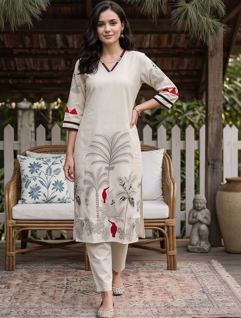 women ethnic motifs printed regular kurta with trousers