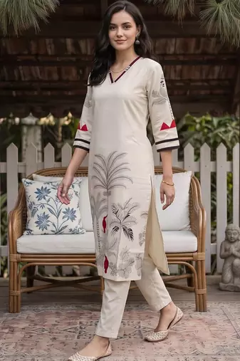 women ethnic motifs printed regular kurta with trousers