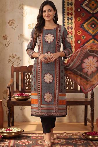 women ethnic motifs printed regular cotton kurta with trousers & with dupatta