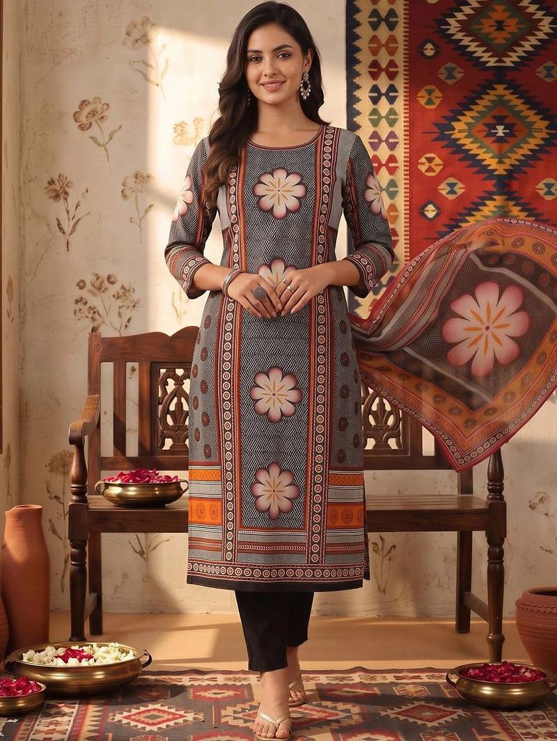 women ethnic motifs printed regular cotton kurta with trousers & with dupatta