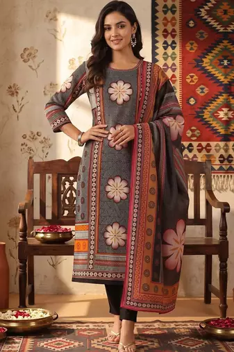 women ethnic motifs printed regular cotton kurta with trousers & with dupatta