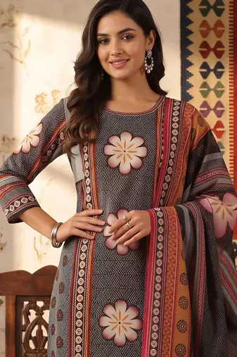 women ethnic motifs printed regular cotton kurta with trousers & with dupatta
