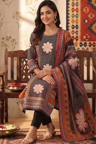 women ethnic motifs printed regular cotton kurta with trousers & with dupatta