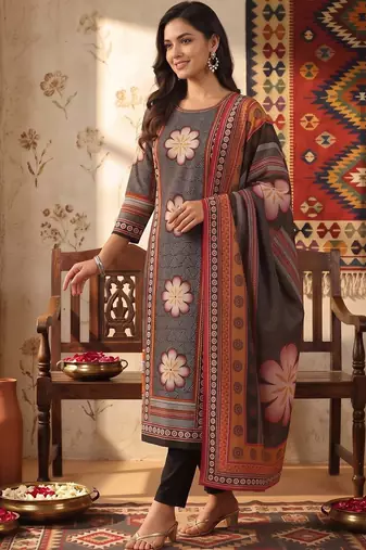women ethnic motifs printed regular cotton kurta with trousers & with dupatta