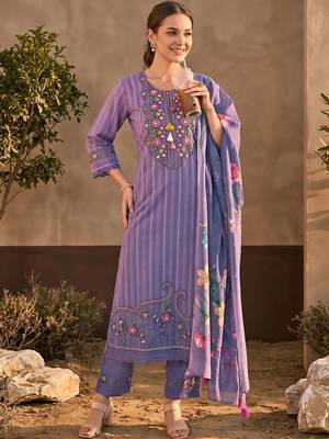 women ethnic motifs embroidered regular thread work cotton kurta with trousers & with dupatta 1