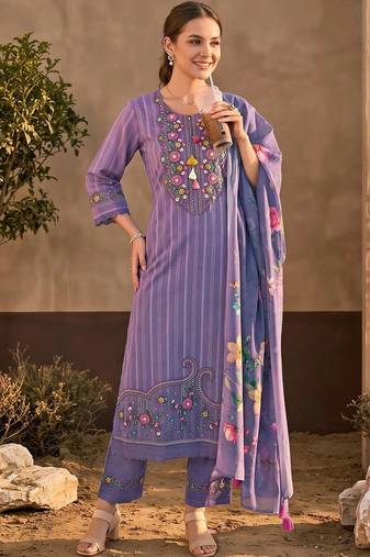 women ethnic motifs embroidered regular thread work cotton kurta with trousers & with dupatta