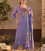 women ethnic motifs embroidered regular thread work cotton kurta with trousers & with dupatta