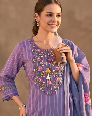 women ethnic motifs embroidered regular thread work cotton kurta with trousers & with dupatta 2