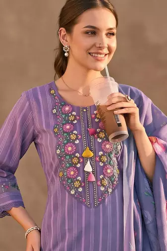 women ethnic motifs embroidered regular thread work cotton kurta with trousers & with dupatta