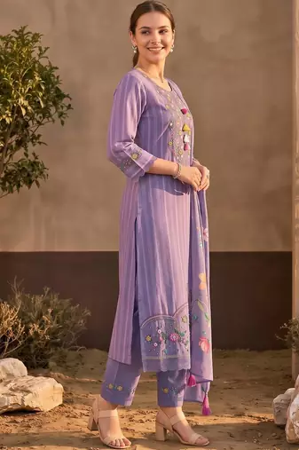 women ethnic motifs embroidered regular thread work cotton kurta with trousers & with dupatta