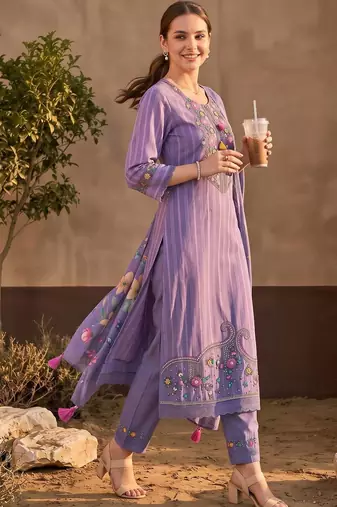 women ethnic motifs embroidered regular thread work cotton kurta with trousers & with dupatta