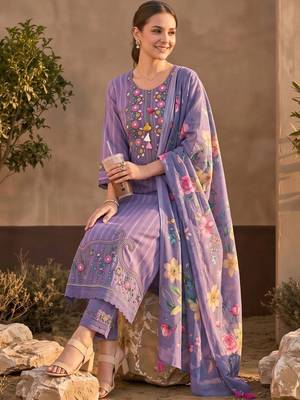 women ethnic motifs embroidered regular thread work cotton kurta with trousers & with dupatta 6