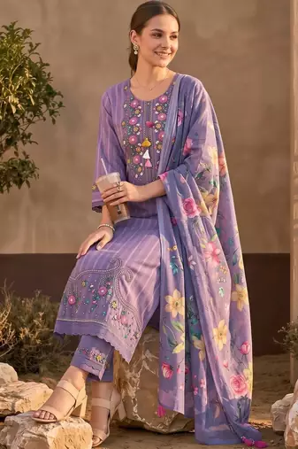 women ethnic motifs embroidered regular thread work cotton kurta with trousers & with dupatta