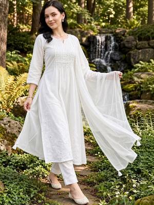 women ethnic motifs embroidered regular thread work cotton kurta with trousers & with dupatta 1