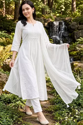 women ethnic motifs embroidered regular thread work cotton kurta with trousers & with dupatta