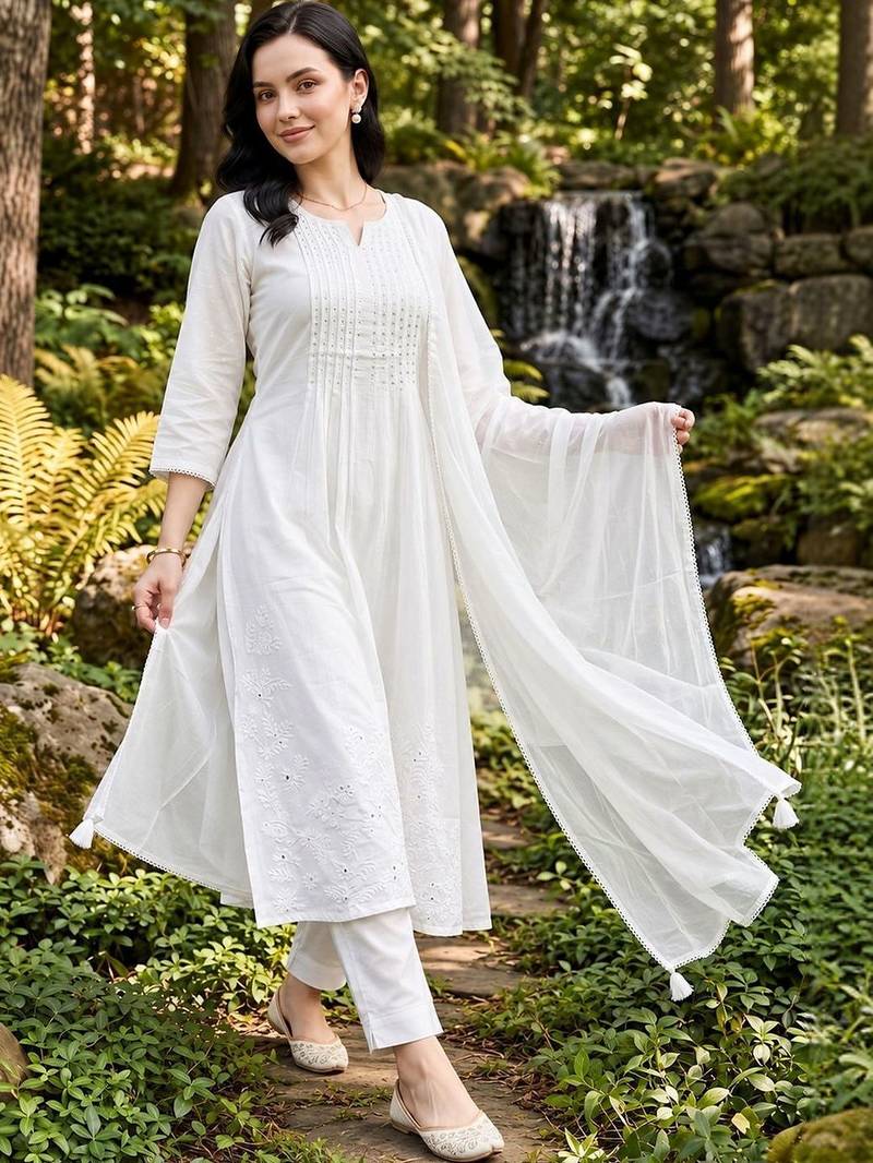 women ethnic motifs embroidered regular thread work cotton kurta with trousers & with dupatta