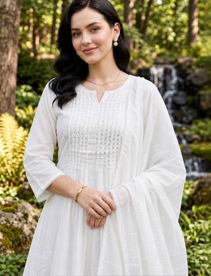 women ethnic motifs embroidered regular thread work cotton kurta with trousers & with dupatta 2