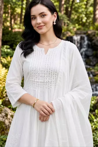 women ethnic motifs embroidered regular thread work cotton kurta with trousers & with dupatta