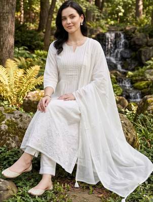 women ethnic motifs embroidered regular thread work cotton kurta with trousers & with dupatta 4