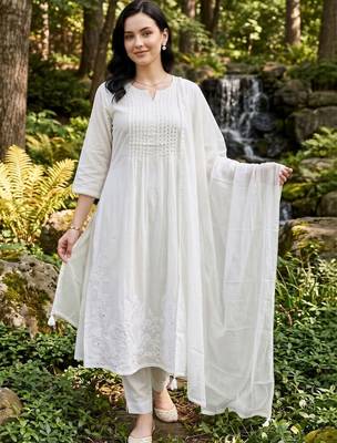 women ethnic motifs embroidered regular thread work cotton kurta with trousers & with dupatta 5