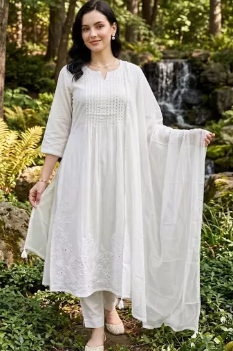 women ethnic motifs embroidered regular thread work cotton kurta with trousers & with dupatta