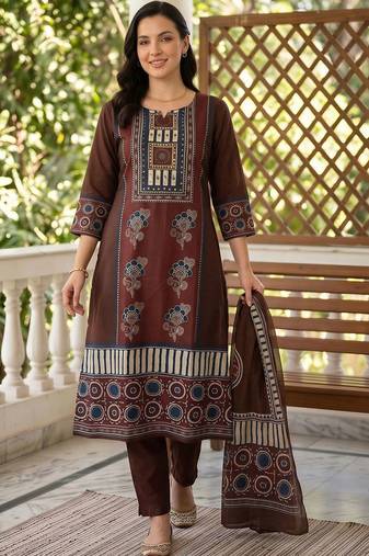 women ethnic motifs printed regular cotton kurta with trousers & with dupatta