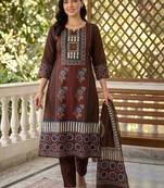 women ethnic motifs printed regular cotton kurta with trousers & with dupatta