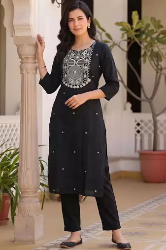 women ethnic motifs embroidered regular thread work cotton kurta with trousers