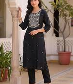 women ethnic motifs embroidered regular thread work cotton kurta with trousers