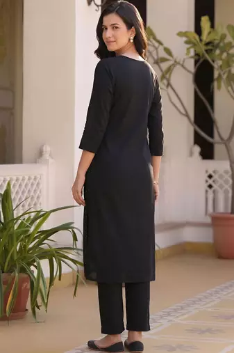 women ethnic motifs embroidered regular thread work cotton kurta with trousers