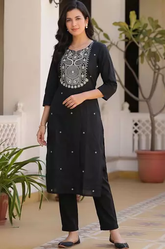 women ethnic motifs embroidered regular thread work cotton kurta with trousers